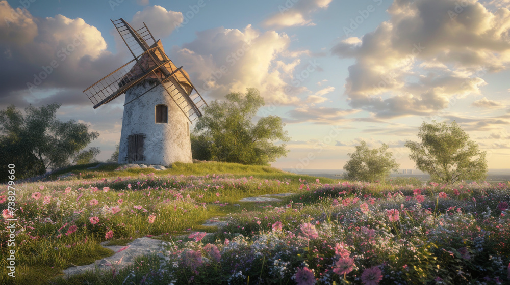 Rural windmill surrounded by blooming wildflowers