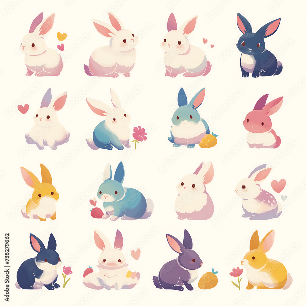 A stylized drawing of the Easter bunny in various poses and with various colors A stylized drawing of the Easter bunny in various poses and with various colors