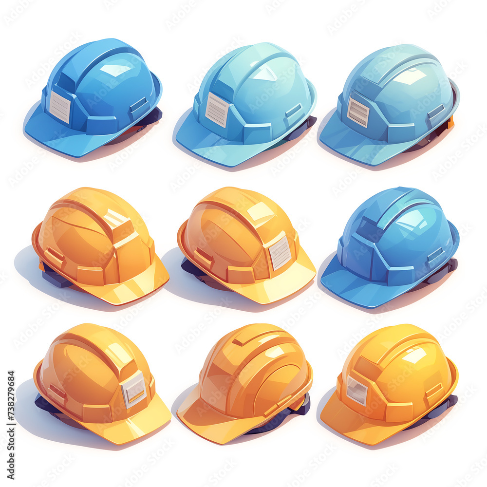Fototapeta premium Several work helmets in multiple colors, drawn in a cartoon style