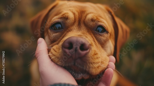 Close-up of a trustful dog's gaze cradled in a caring hand photo