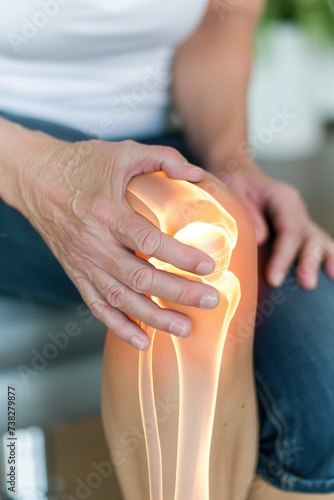 Close-up on glowing knee pain, concept of elderly health issues