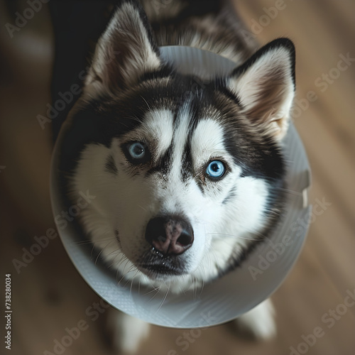 Siberian husky with cone of shame, Elizabethan collar
