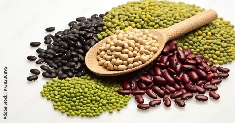 Obraz premium An Artistic Display of Soybeans, Red, Green, and Black Beans with Millet Against a White Canvas