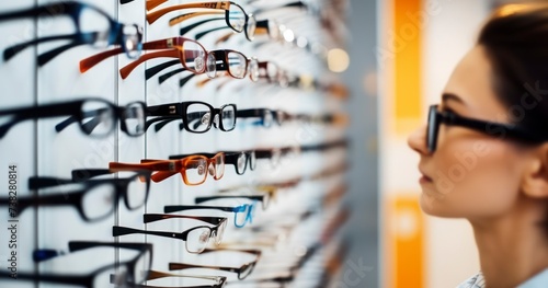 A Woman Decides on the Perfect Pair of Glasses from a Stand in the Optics Shop