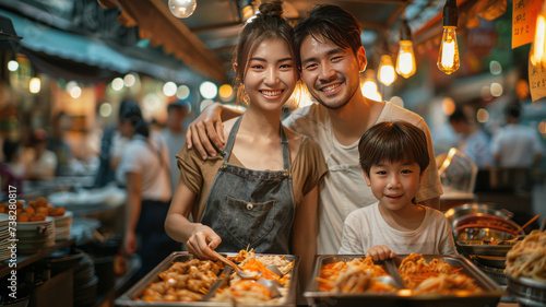 Asian family enjoy eating food on street food restaurant with crowd of people at Yaowarat road, Bangkok,generative ai