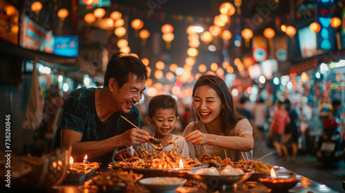 Asian family enjoy eating food on street food restaurant with crowd of people at Yaowarat road, Bangkok,generative ai photo