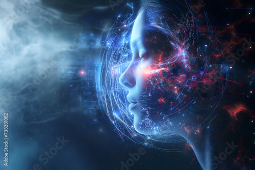 Android head on abstract cybernetic data background photo
