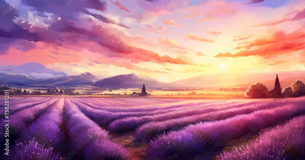 The Enchanting Fusion of Lavender Fields and Sunset in Watercolor