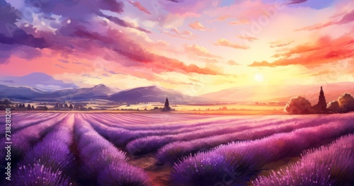 The Enchanting Fusion of Lavender Fields and Sunset in Watercolor © Lifia