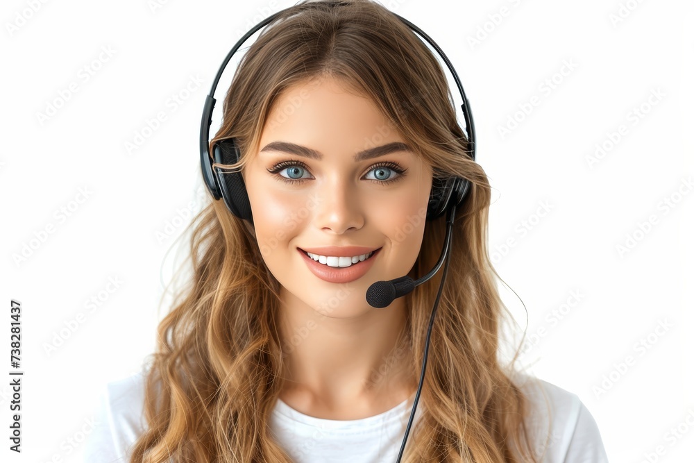 Female customer service agent in headset consulting clients online, isolated on white background. Female customer service agent in headset consulting clients online, isolated on white background.