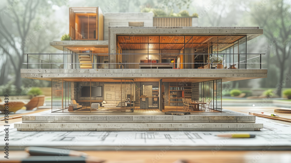 An architect's desk with sketches and drawings of a residential ...