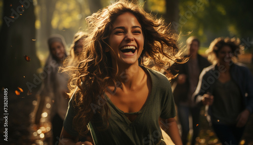 Smiling women enjoy carefree laughter in nature beauty generated by AI