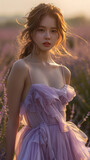 A portrait of asian woman wearing a flowing purple gown, standing in a field of lavender,generative ai