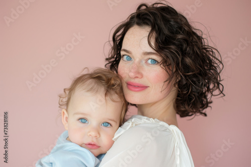 Emotional Mother-Baby Moment with Striking Blue Eyes and Soft Curls
