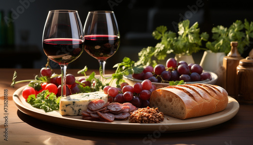 Gourmet picnic wine  bread  fruit  meat  cheese  nature  luxury generated by AI