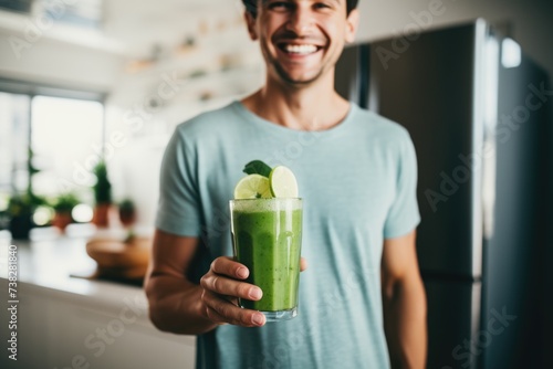 Smiling young man holding a green smoothie