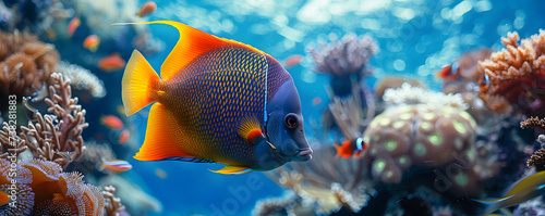 An underwater close-up of a colorful Queen Angelfish swims ocean © xavmir2020