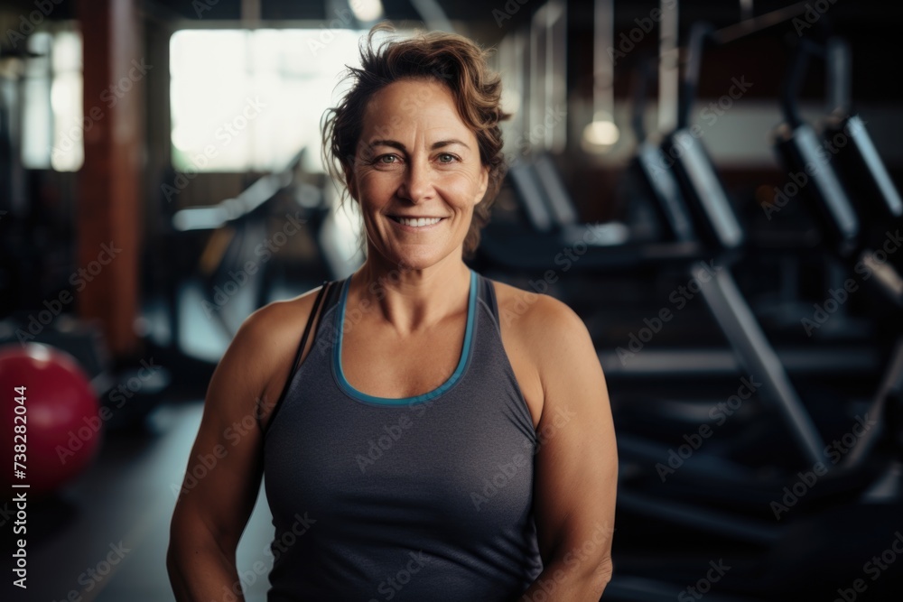 Smiling portrait of a middle aged woman in the gym Smiling portrait of a middle aged woman in the gym