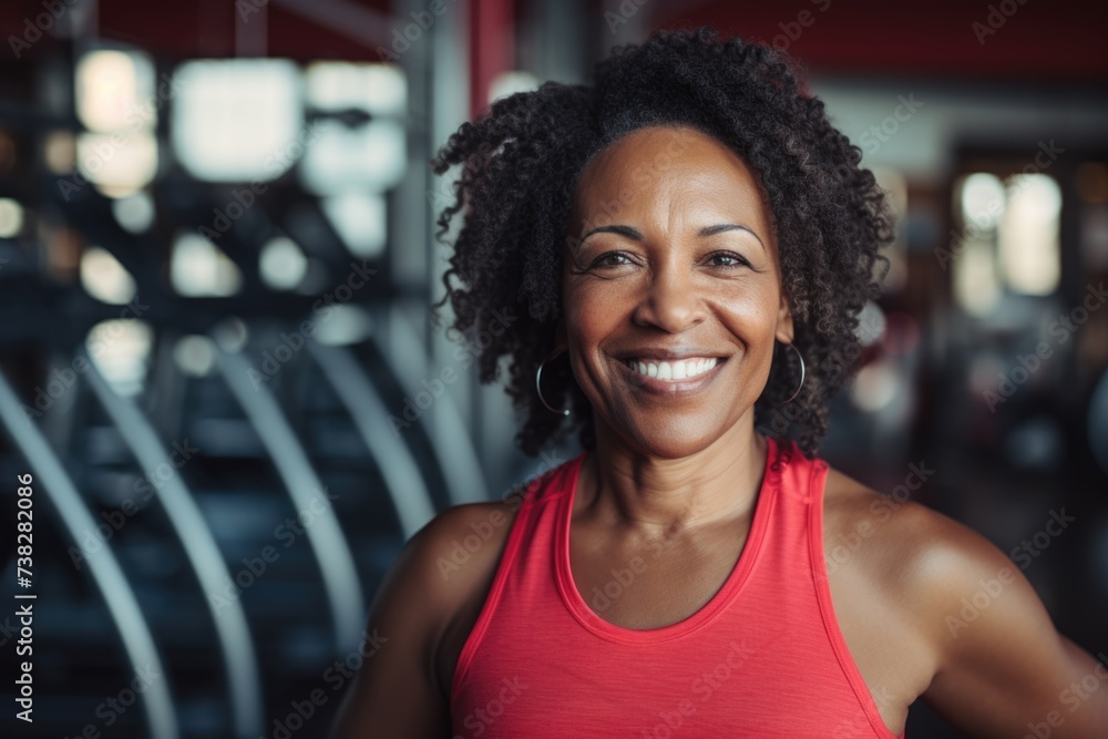 Smiling portrait of a middle aged woman in the gym Smiling portrait of a middle aged woman in the gym