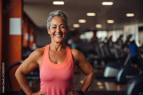 Smiling portrait of a middle aged woman in the gym photo