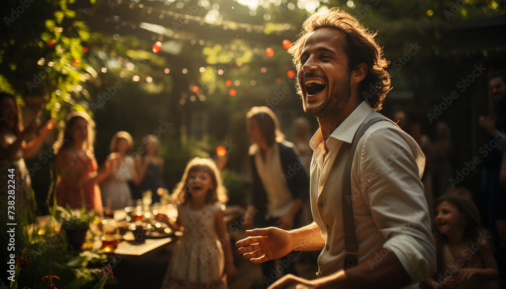 Smiling men and women enjoy outdoor summer party generated by AI