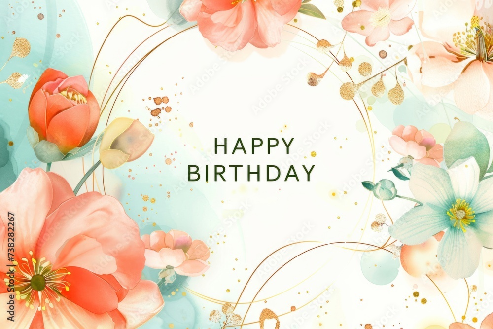 happy birthday card or template with watercolor flowers Generative AI