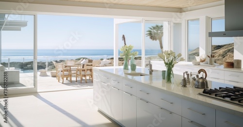 A Pristine White Kitchen with Panoramic Views of the Ocean