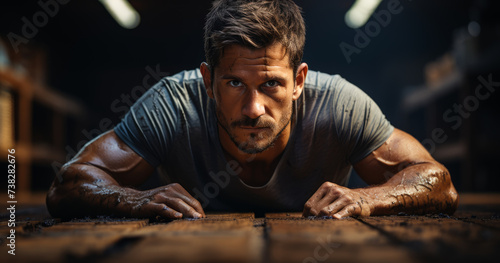 Portrait of muscular man doing push ups exercise with one hand in fitness gym. Sport and healthy lifestyle concept