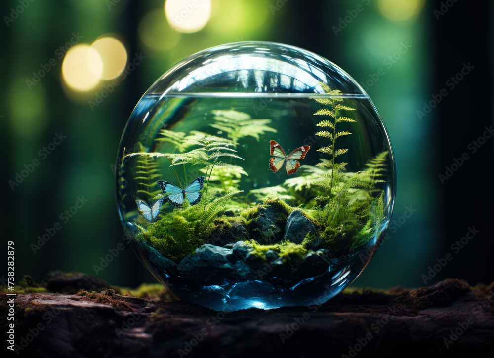 Small fishbowl with butterfly and snail on piece of wood Small fishbowl with butterfly and snail on piece of wood
