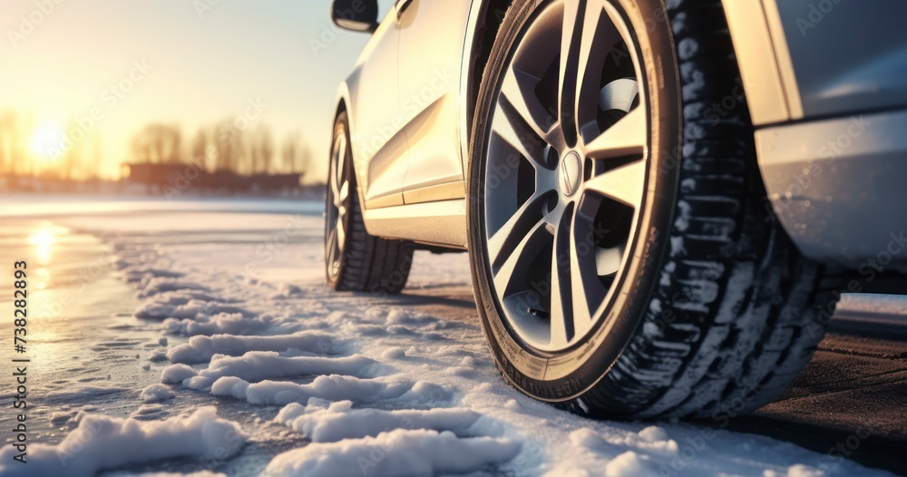 Frost Meets Sun - A New Car's Winter Tire Basks in the Early Morning Sunlight