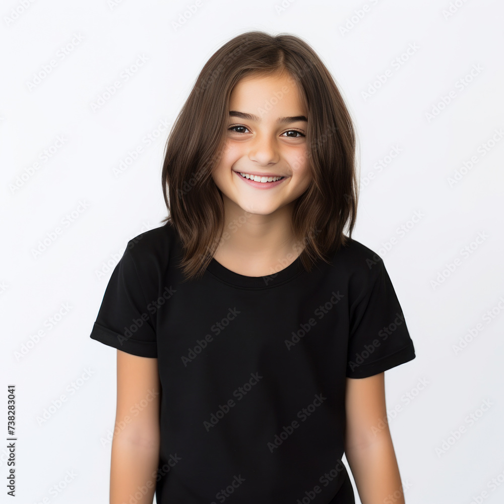 Smiling Girl wearing black T-Shirt Mockup on white studio background. Generative Ai Smiling Girl wearing black T-Shirt Mockup on white studio background. Generative Ai