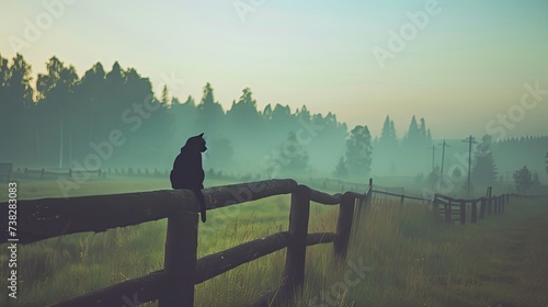 A black cat sits on a fence in an abandoned village on an early foggy morning. Peaceful landscape of the countryside. Illustration for cover, card, interior design, poster, brochure or presentation. photo