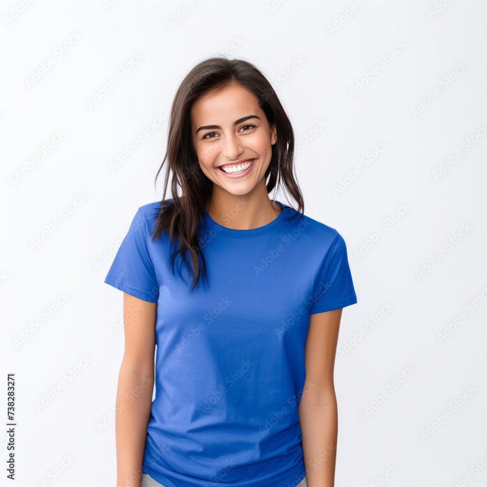 Smiling Girl wearing green T-Shirt Mockup on white studio background. Generative Ai Smiling Girl wearing green T-Shirt Mockup on white studio background. Generative Ai