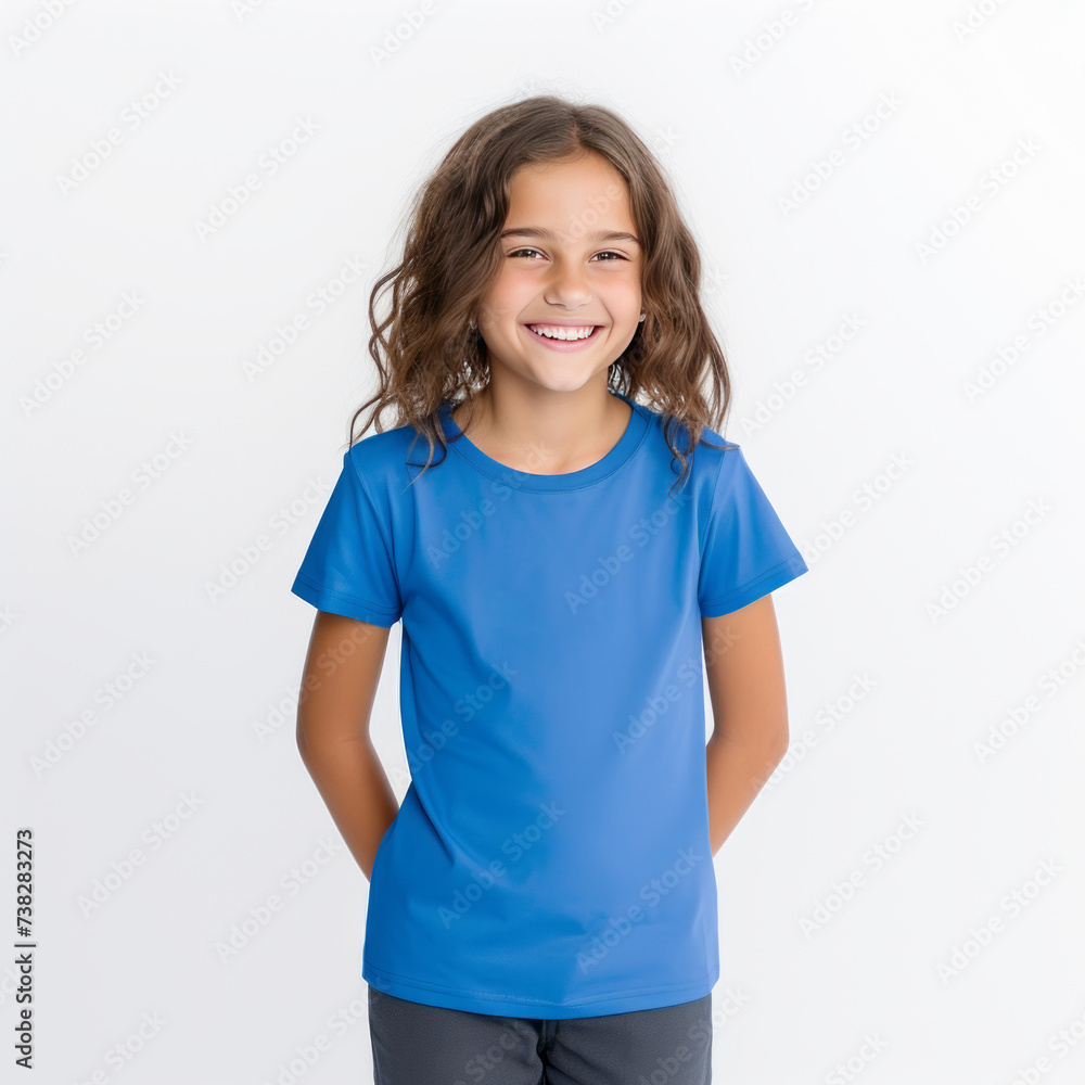Smiling Girl wearing green T-Shirt Mockup on white studio background. Generative Ai Smiling Girl wearing green T-Shirt Mockup on white studio background. Generative Ai