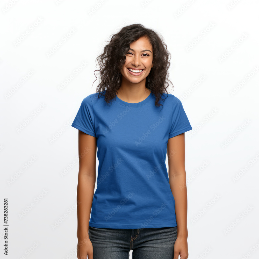 Smiling Girl wearing green T-Shirt Mockup on white studio background. Generative Ai Smiling Girl wearing green T-Shirt Mockup on white studio background. Generative Ai