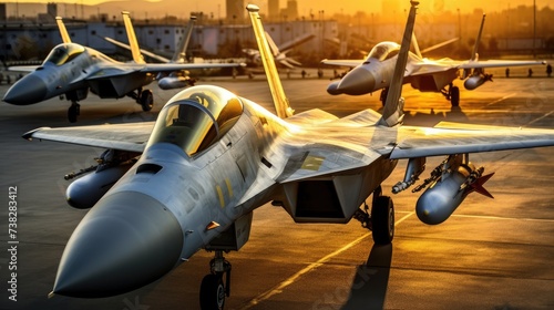 Several military fighter jets stand on alert at the airbase. Air Force. Illustration for varied design. photo