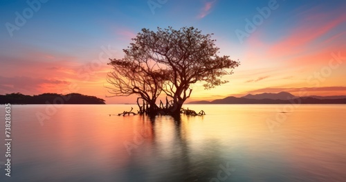 Vibrant Vistas - Landscape beautiful mangrove tree with a colorful sunset