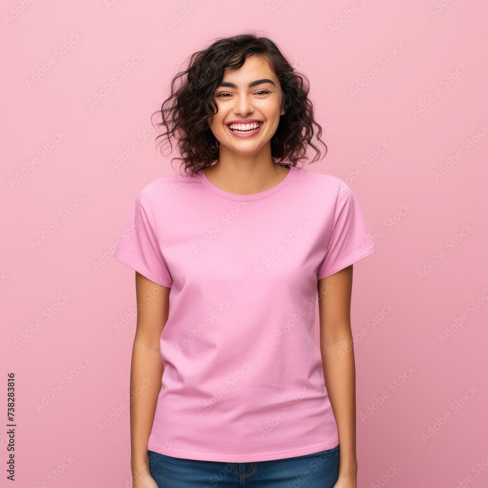 Smiling Girl wearing pink T-Shirt Mockup on white studio background. Generative Ai Smiling Girl wearing pink T-Shirt Mockup on white studio background. Generative Ai