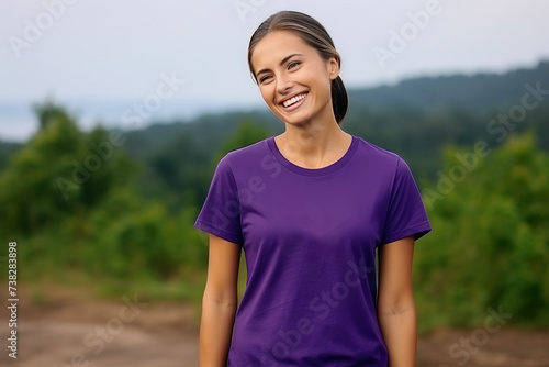 Smiling Girl wearing purpple T-Shirt Mockup on white studio background. Generative Ai photo