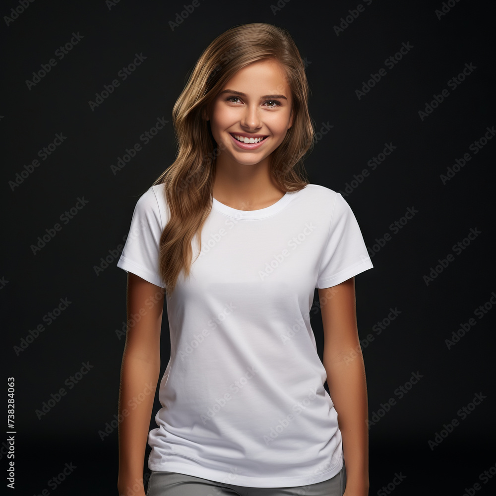 Smiling Girl wearing white T-Shirt Mockup on white studio background. Generative Ai Smiling Girl wearing white T-Shirt Mockup on white studio background. Generative Ai