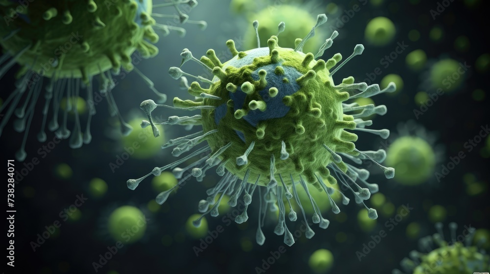 A futuristic virus with a high magnification effect. Research at the nanoscale. Microcosm. Illustration for cover, interior design, banner, poster, brochure, advertising, marketing or presentation. A futuristic virus with a high magnification effect. Research at the nanoscale. Microcosm. Illustration for cover, interior design, banner, poster, brochure, advertising, marketing or presentation.