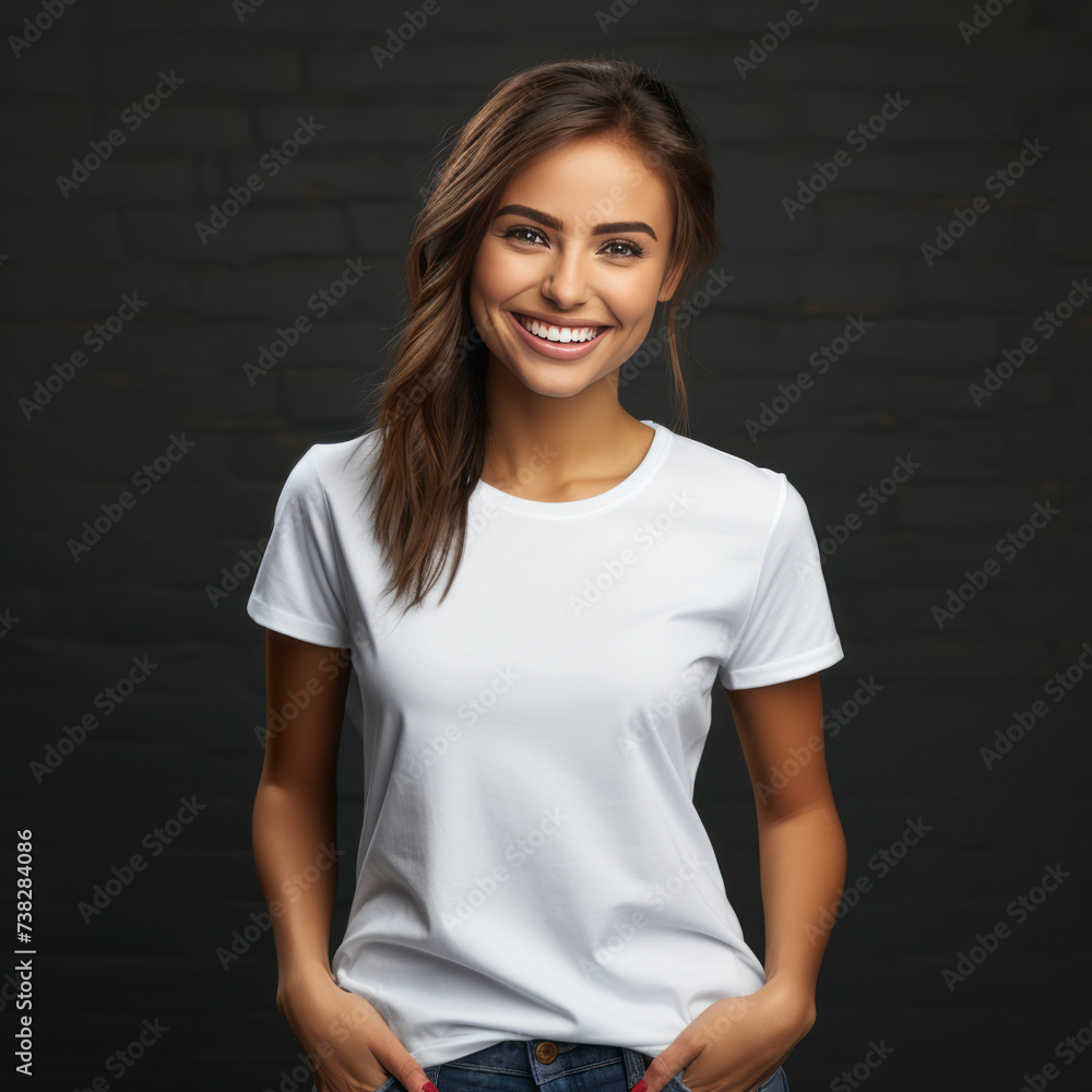 Smiling Girl wearing white T-Shirt Mockup on white studio background. Generative Ai Smiling Girl wearing white T-Shirt Mockup on white studio background. Generative Ai