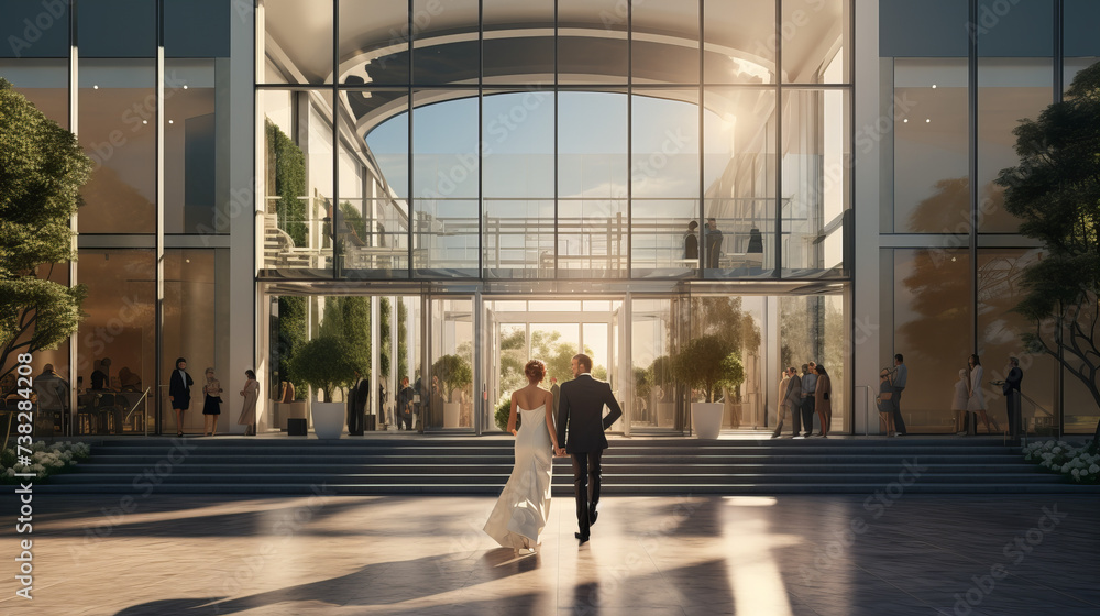 Elegant Bride and Groom Entering Modern Wedding Reception Venue at Sunset