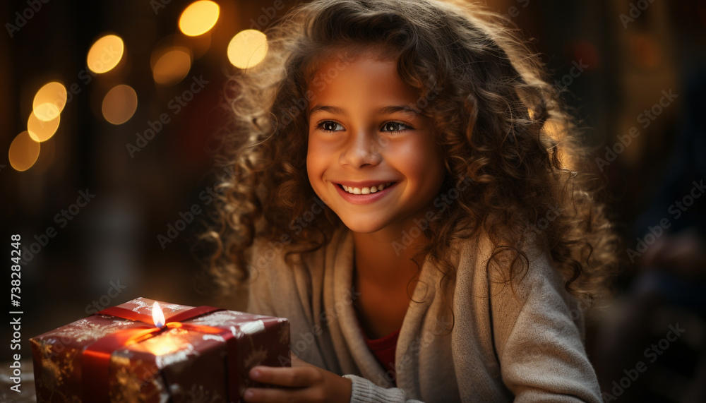 Smiling girl enjoys Christmas lights and presents generated by AI Smiling girl enjoys Christmas lights and presents generated by AI