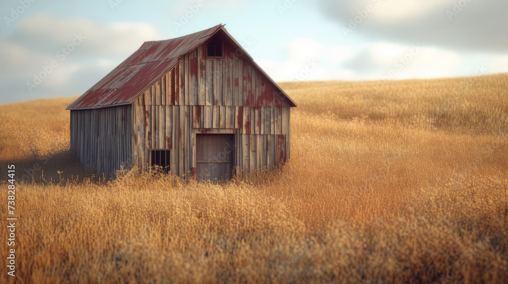 Rustic weathered barn surrounded by golden fields Rustic weathered barn surrounded by golden fields