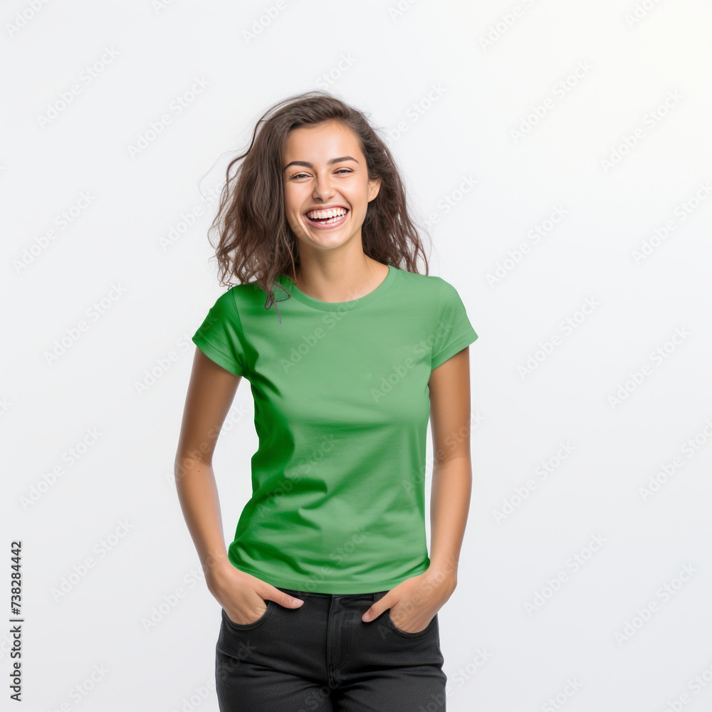 Smiling Girl wearing green T-Shirt Mockup on white studio background. Generative Ai Smiling Girl wearing green T-Shirt Mockup on white studio background. Generative Ai