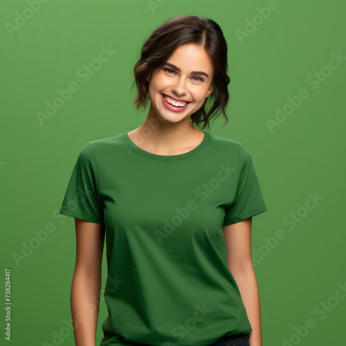 Smiling Girl wearing green T-Shirt Mockup on white studio background. Generative Ai © Anthony Paz