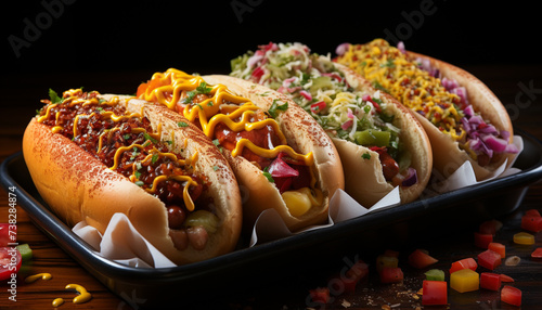 Grilled beef, pork, and hot dog on rustic barbecue plate generated by AI
