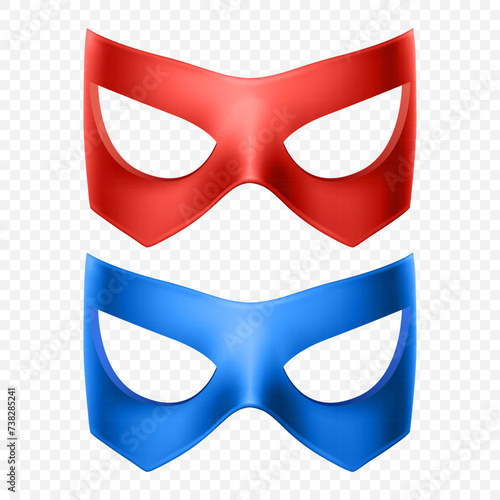 Vector Red and Blue Super Hero Mask Set. Face Character, Superhero Comic Book Mask Closeup. Superhero Photo Prop, Carnival Face Mask, Glasses. Comic Book Concept for Costume Parties and Events