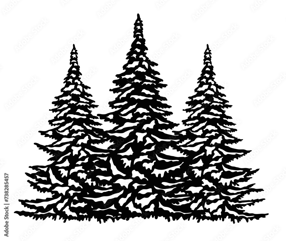 Obraz premium Three snowy Christmas trees, forest, fir trees, christmas tree silhouette